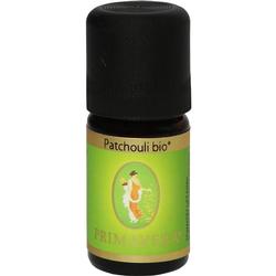 Braunes Fläschchen mit schwarzem Deckel und grünem Etikett "Patchouli bio".
