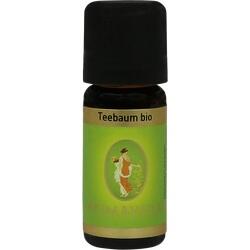 Eine braune Flasche mit schwarzem Deckel und grünem Etikett mit der Aufschrift "Teebaum bio".
