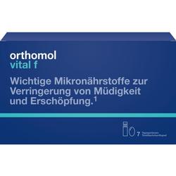 Eine blaue Verpackung von "Orthomol vital f" zur Verringerung von Müdigkeit.
