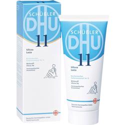 Eine blaue und weiße Schachtel und Tube mit der Aufschrift "11 Schüßler Silicea Lotio".