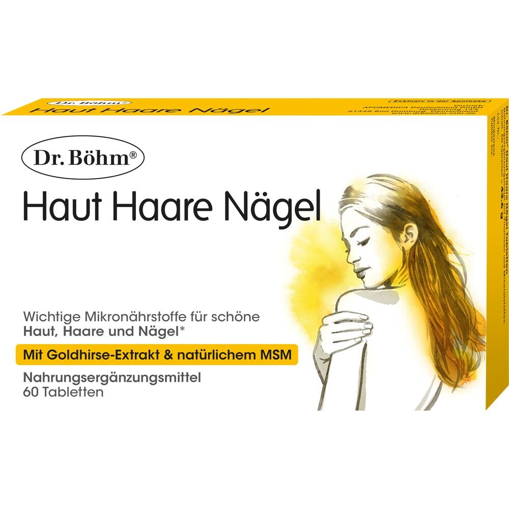 Verpackung einer Nahrungsergänzung mit Goldhirse und MSM für Haut, Haare und Nägel.